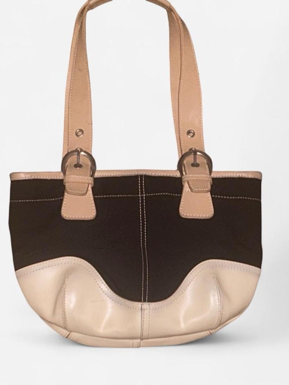 Neutral Two-Tone Canvas & Leather Tote - Beige and Dark Brown